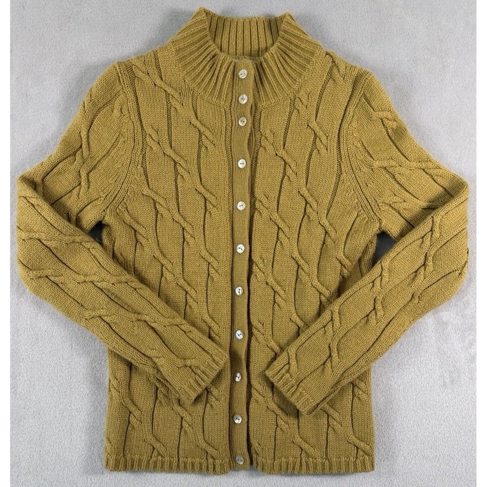 Vintage Jones New York Mustard‎ Yellow Cable Knit Cardigan Mock Neck Size P/S